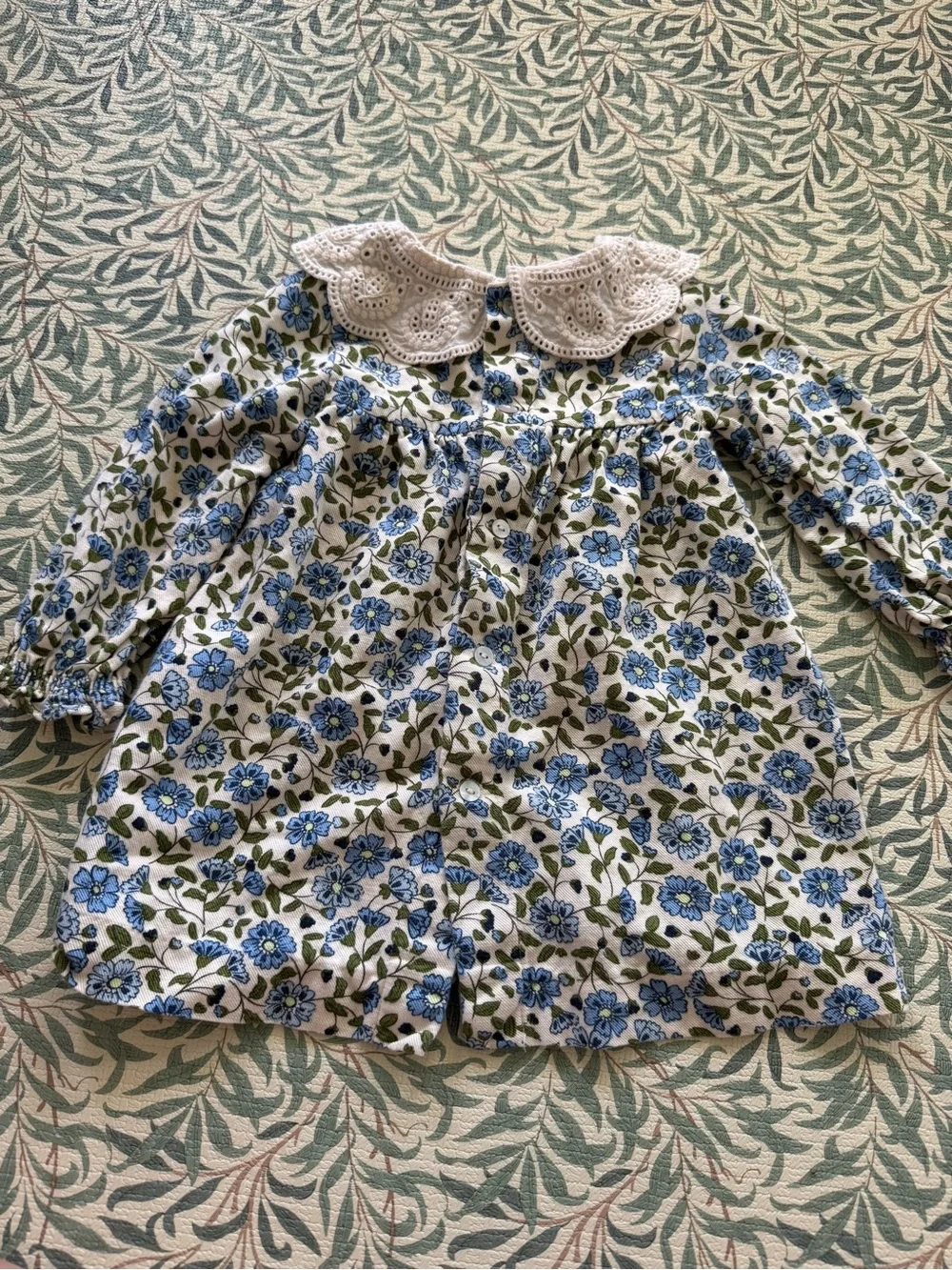 Zara White Dress with Blue Floral Print and Eyelet Collar